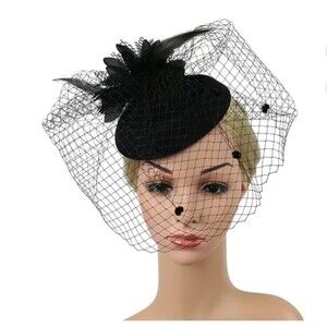 Black Feather Fascinator Mesh Net Veil Hat Hair Clip Wedding Tea Cocktail Party